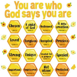 Qyeahkj Christian Bulletin Board Decorations Bee Jesus Bulletin Board Sets Bee Hive God Says You are Religious Classroom Wall Decor VBS Motivational Cutouts for Sunday School Home Church Supplies