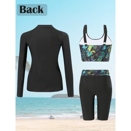 Ausing Swimwear for Women Floral Printed 3 Piece Rash Guard Zipper Shirts Sun Protection Tankini Set for Surfing Swimming XL Black