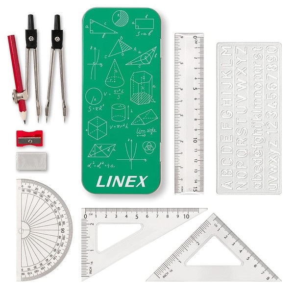 Linex Maths Set, Geometry Set in a Tin, 10 Pieces