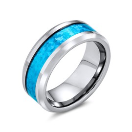 Simulated Blue Opal Inlay Couples Titanium Wedding Band Ring for Men for Women Silver Tone 8MM
