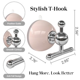 XIEFFICH T-Bar Suction Cup Hooks for Shower - Suction Cup Wreath Hanger for Front Door, Reusable, Multifunctional Hooks for Bathroom Window Door Glass Kitchen (Pink, 2-Pack)