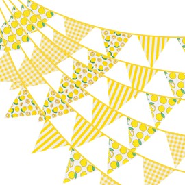 G2PLUS 12 m Lemon Bunting Cotton: Pack of 42 Yellow White Checked and Stripes Bunting, 15 x 19 cm Large Bunting Fabric Garland for Lemon Themed Birthday Party, Christening Party, Garden Decoration