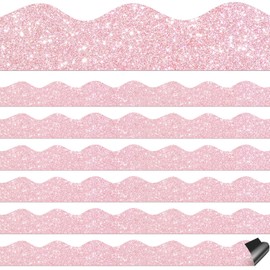 Qeeenar 24 Pcs Light Pink Glitter Magnetic Borders for Classroom Glitter Bulletin Board Borders Whiteboard Chalkboard Shine Strips Trim Scalloped School Bulletin Board Decorations