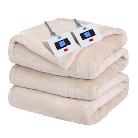 SEALY Electric Blanket Queen Size, Flannel Heated Blanket with 10 Heating Levels & 1-12 Hours Auto Shut Off, Fast Heating Warm Blanket, Machine Washable, Beige, 84 x 90 Inch