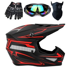 TTMiku DOT Adult Motocross Dirt Bike Helmet W/Goggles Gloves & Mask, Quick Release Buckle Adjustable Sun Visor ATV BMX MX Quad Off-Road Motorcycle Helmet, Red, XL