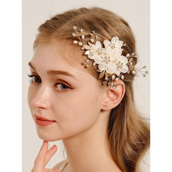 Missgrace Bridal Gold Flower Hair Comb Sparkling Rhinestones Pearls Hair