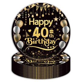 EVYIENEN 50Pcs 40th Birthday Party Paper Plates,9inch Disposable Black and Gold Dessert Party Plates Party Decorations for Men Woman 40th Happy Birthday Wedding Party Supplies