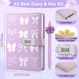 Diary with Lock for Girls, Cute Preppy Gifts for Girl 8 9 10 11 12 13 14 15+ Year Old, Purple Bow Code Secret Diary Girls Journal Notebook with Pen Purple Coquette School Supplies Gifts for Teen Girl