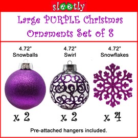 Sleetly Set of 4 Large Shatterproof Purple Christmas Tree Baubles 12cm with Bow Hanger