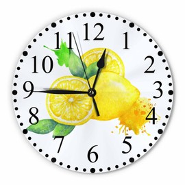 KEEPSUPER Yellow Lemon Wall Clock Watercolor Painting Clock 10 Inch Silent Non-Ticking Clocks Battery Operated for Home Living Laundry Room Kitchen Bedroom Office