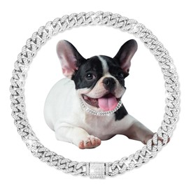 Dog Chain Silver Cuban Collars,Walking Silver Dog Metal Chain Choke Collar with Design Secure Buckle,Pet Cuban Crystal Collar Necklace Accessories for Small Medium Large Dogs Cats (Silver, 18in)