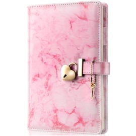 Marble Diary with Lock and Key for Girls, Cute Heart Shaped Lock Journal for Women, Refillable A5 Vintage Secret PU Leather Notebook Gift for Teen Girls - Pink