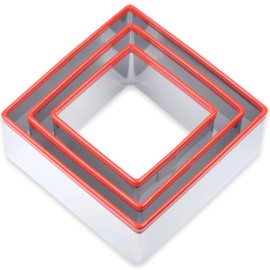 Large Square Cookie Cutter Set, 3, 4, 5 Inch, Stainless Steel Biscuit Cutters for Baking, Sandwich Cutter Shapes for Kids, Red Soft Rubber Top for Protection