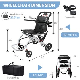NexusSmash Lightweight Transport Wheelchair with Telescopic Handle, Folding Travel Wheelchairs for Adults Seniors Kids, Portable Padded Transport Chair with Travel Bag, Support 200lbs