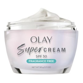 Olay Super Cream con protector solar SPF 30, hidratante facial ligero sin fragancia con protección solar, cuidado de la piel 5 en 1, hidratante, ilumi