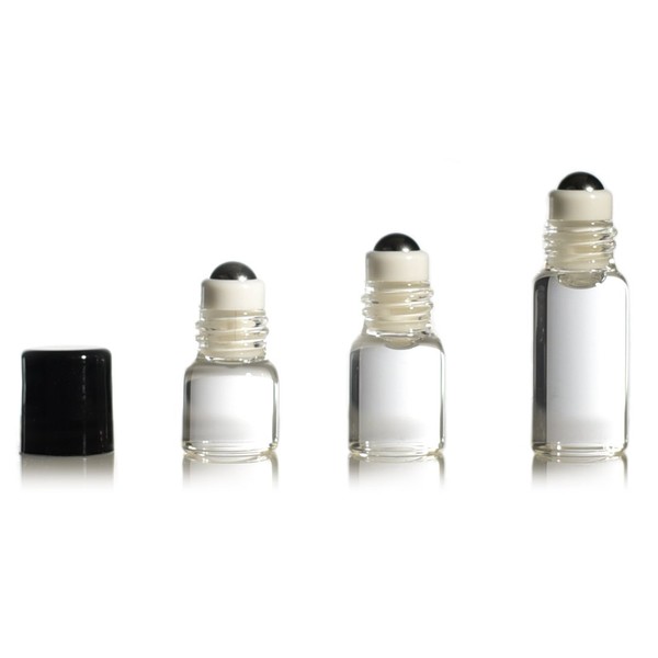 True Essence 1 ml,1/4 Dram Clear Glass Micro Mini Roll-on Glass Bottles with Metal Roller Balls & Black Caps. - Refillable Aromatherapy Essential Oil Roll On (12)
