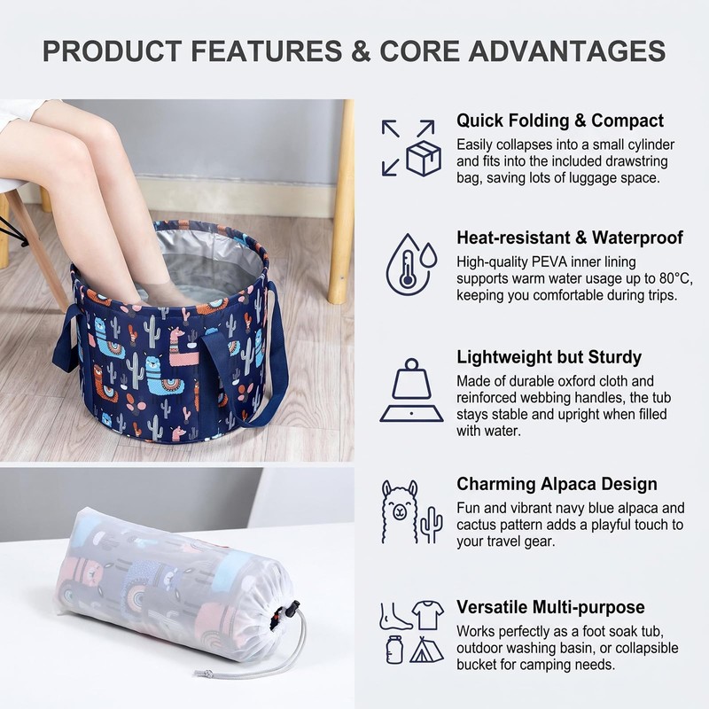 Navy Blue Collapsible Print Foot Soak Tub 15L Travel Feet