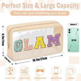 izuzta - Bolsa de maquillaje con parche de chenilla, con cierre, transparente, GLAM-Beige