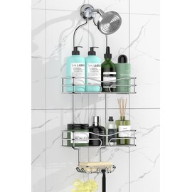 DAOYA Shower Caddy - Shower Organizer with 6 Hooks for Razor&Sponge - Shower Shelf with Soap Basket - Hanging Shower Storage, With Self-Adhesive Pad, Silver
