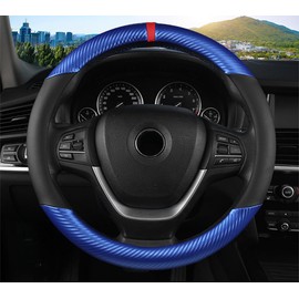 KAFEEK Classic Carbon Fiber Steering Wheel Cover, Universal 15 inch, Breathable Microfiber Leather, Blue