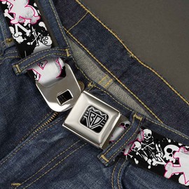 Buckle-Down Seatbelt Belt - Heart & Cross Bones w/Skulls & Splatter Black/White - 1.5" Wide - 24-38 Inches in Length