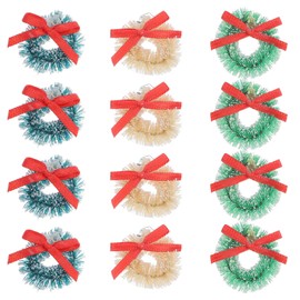 DEARMAMY Mini Artificial Christmas Wreaths Ornaments, 12pcs Dollhouse Miniature Frost Sisal Christmas Wreath with Bow Farmhouse Xmas Tree Hanging Pendant for Holiday Festival Decorations