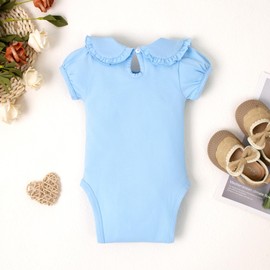 Magic Park 0-24M Infant Girl Puff Sleeve Bodysuit Baby Peter Pan Collar Romper Toddler Ruffle Jumpsuit Casual Tops, Light Blue Short, 6-12 Months