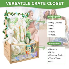PIIOSER Baby Shower Crate Closet, Multifunctional Wooden & Acrylic Visible Baby Storage Crate with Handle, Newborn Welcome Gifts Basket for Boys Girls, Pregnancy Gifts for New Parents(Beige)