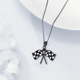 CUPENDA Checkered Flag Race Necklace 925 Sterling Silver Checkered Flag Pendant Race Day Jewelry for Women Men Racers Racing
