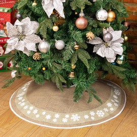 MACTING Christmas Burlap Tree Skirt, 30 Inches Tree Mat with Glitter Snowflake Circle Tree Foot Base Cover for Xmas Holiday Home Decoration