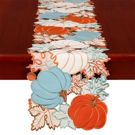Simhomsen Embroidered Blue, Orange and White Harvest Pumpkin Table Runner for Thanksgiving, Fall, Autumn, Home Decor (14 x 88 inches)