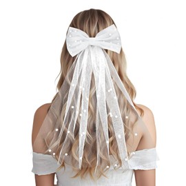 Bridal Veil White Pearl Hair Bow Veil Bride Wedding Knot Veils Bachelorette Party with Barrette Tulle Bridal Short Veils Elegant Engagement Layer Hair Clip Accessories for Women Girls