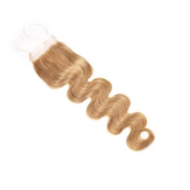 4x4 Honey Blonde Lace Closure Unprocessed Human Hair 150% Density Closure Pre-Plucked Hairline Body Wavy Style With BabyHair Natural #27 Color 16 Inch
