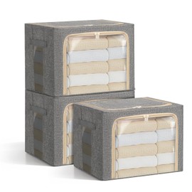LOVSTORAGE 3-Pack Clothes Storage Bags, Foldable Storage Bins with Metal Frame, Clear Window, Reinforced Handles, Durable Non-Woven Fabric for Clothes, Bedding, Blankets, 40L, Gray