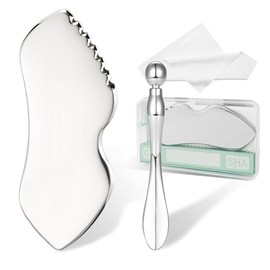 Stainless Steel Gua Sha Facial Tool Set, Face Roller Massager with Eye Cream Applicator, 3-in-1 Skincare Kit