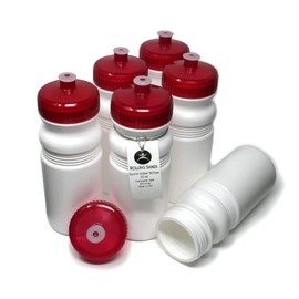 Rolling Sands 20 Ounce Sports Water Bottles 6 Pack, BPA-Free, Made In USA, Dishwasher Safe, White Bottles/Red Lids