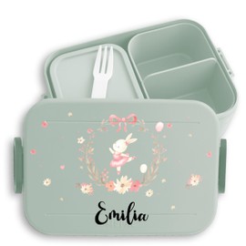 Children's Bento Box Midi Lunch Box for Mepal Bento Box - Cute Rabbit Long Eared Bunny Easter - 900 ml - Sage Green - Flower Wreath Lunch Box Lunch Box Girls School Animal Nursery Gifts