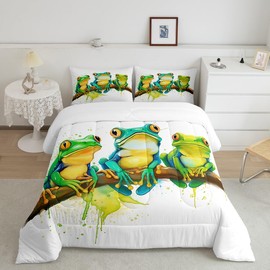 Erosebridal Cartoon Frog Comforter Set Twin Size, Green Tie Dye Down Comforter, Tree Branch Quilted Duvet,Animal Soft Duvet Insert for Kid Adult, White Room Decor Reversible All Season