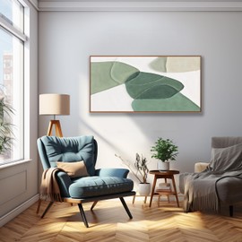 Framed Wall Art Canvas Artwork Green And White Geometric Color Block Line Art Canvas Paintings Wall Decor Modern Home Bedroom Art Office Decor 20"X 40" Framed Ready To Hang