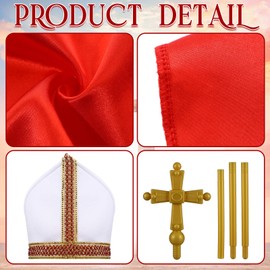 Halloween Plus Size Pope Costume Set for Men, Red and White Bishop Robe with Hat and Cross Staff, Biblical Catholic Cardinal Bishop Outfit for Halloween, Church Theme Cosplay