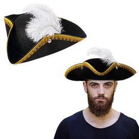 Liitrsh Tricorn Pirate Hat with Feather Buccaneer Colonial Hat Tricorn Hat Adult for Renaissance Hat Costume Party(Black,white)