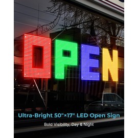 50"x17" Large LED Open Sign with Remote and Bluetooth App, Super Bright Open Signs for Business, Dimmable Big Open Sign for Storefront Window Bar Salon Cafes Retail Shops Red Green Blue Yellow