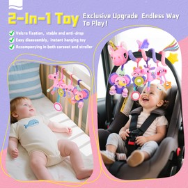 Car Seat Toys for Babies - 0-12 Months Baby Girls Spiral Stroller Carseat Toys with Music, Rattle, Mirror, 5-in-1 Separable Activity Hanging Toy Newborn Sensory Toy Essentials Gifts, Unicorn