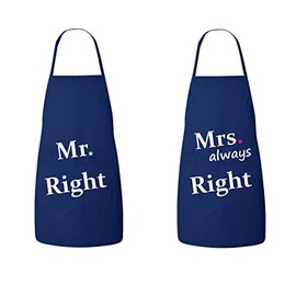 FASCIINO® Set of Hubby Wifey Mr. Right/Mrs. Always Right His and Hers Chef Couples Apron Valentines Wedding Bridal Gift 2pcs (Navy)