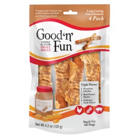 Good ’n’ Fun Triple Flavor Small Rolls with Peanut Butter, 4 Count, Chews with Rawhide for Dogs Made with Chicken, Peanut Butter and Pork Flavor