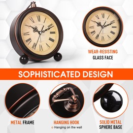 RODH Battery Alarm Clock,Vintage Retro Alarm Clock with Night Light，Hangable,Super Silent, Non Ticking Analog Small Table Clock for Bedroom,Bedside, Desk,Shelf