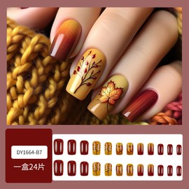 24Pcs Fall Press on Nails Square Fake Nails Maple Leave Acrylic Nails Thanksgiving False Nail with Design Brown Press ons Reusable Glue on Nail Autumn Stick on Nail for Women Manicure Decor