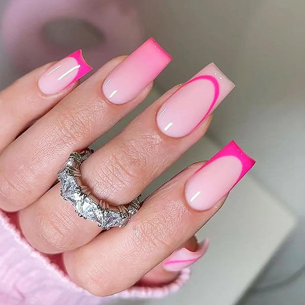 French Tip Press on Nails Medium Square Fake Nails with