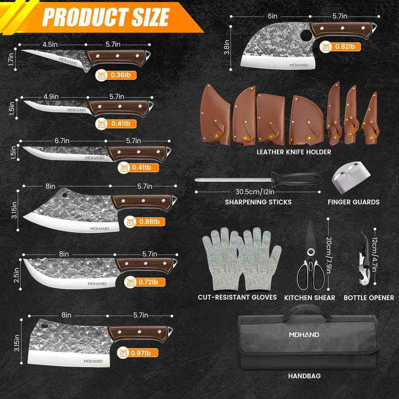 MDHAND 14PCS Professional Butcher Knife Set with Roll Bag, Heavy