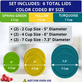 2, 4 & 7 Cup Spring Green, Yellow, Turquoise Replacement Lids/Covers for Pyrex, Anchor Hocking & KlareWare Storage Bowls *Lids Only Glass Container Not Included* (6 Pack *Two of Each Size*)